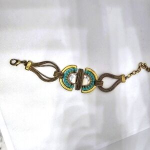Stella & Dot Art Deco Gold/Antiqued Bronze Blue & White Turquoise Bracelet Glitz